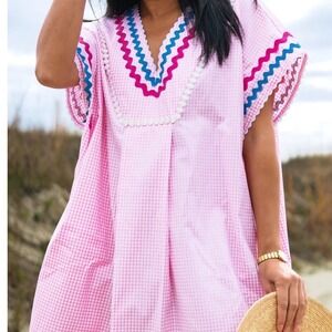 August Morgan Pink Gingham Rickrack Trim Cotton Caftan Dress One Size O/S Pocket